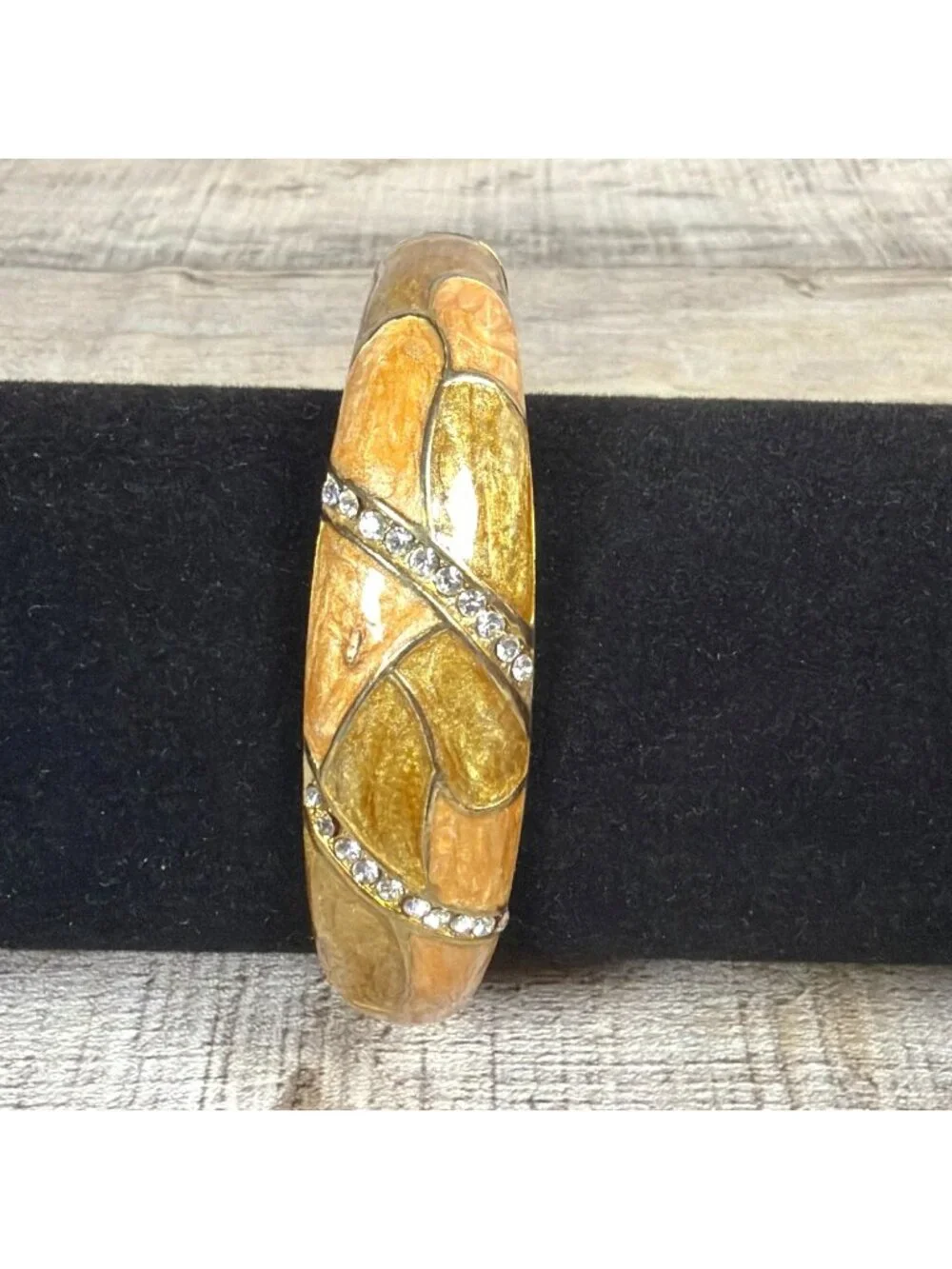 VTG Art Deco Enamel Gold Tone Hinged Bangle Rhinestone Clamper Retro Bracelet - Picture 2 of 16